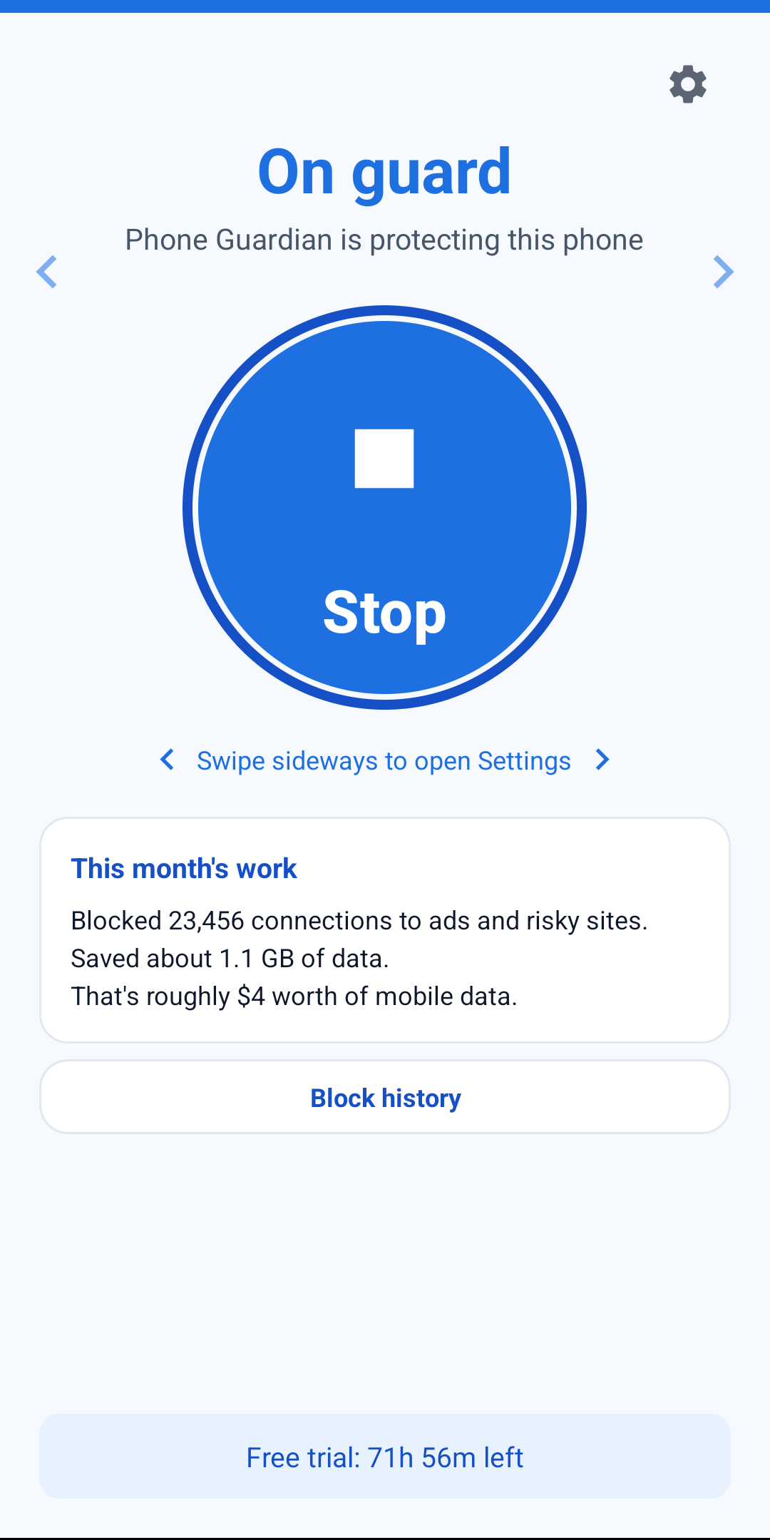 Phone Guardian’s actual main screen: on guard, with this month’s blocked-ads count and data savings