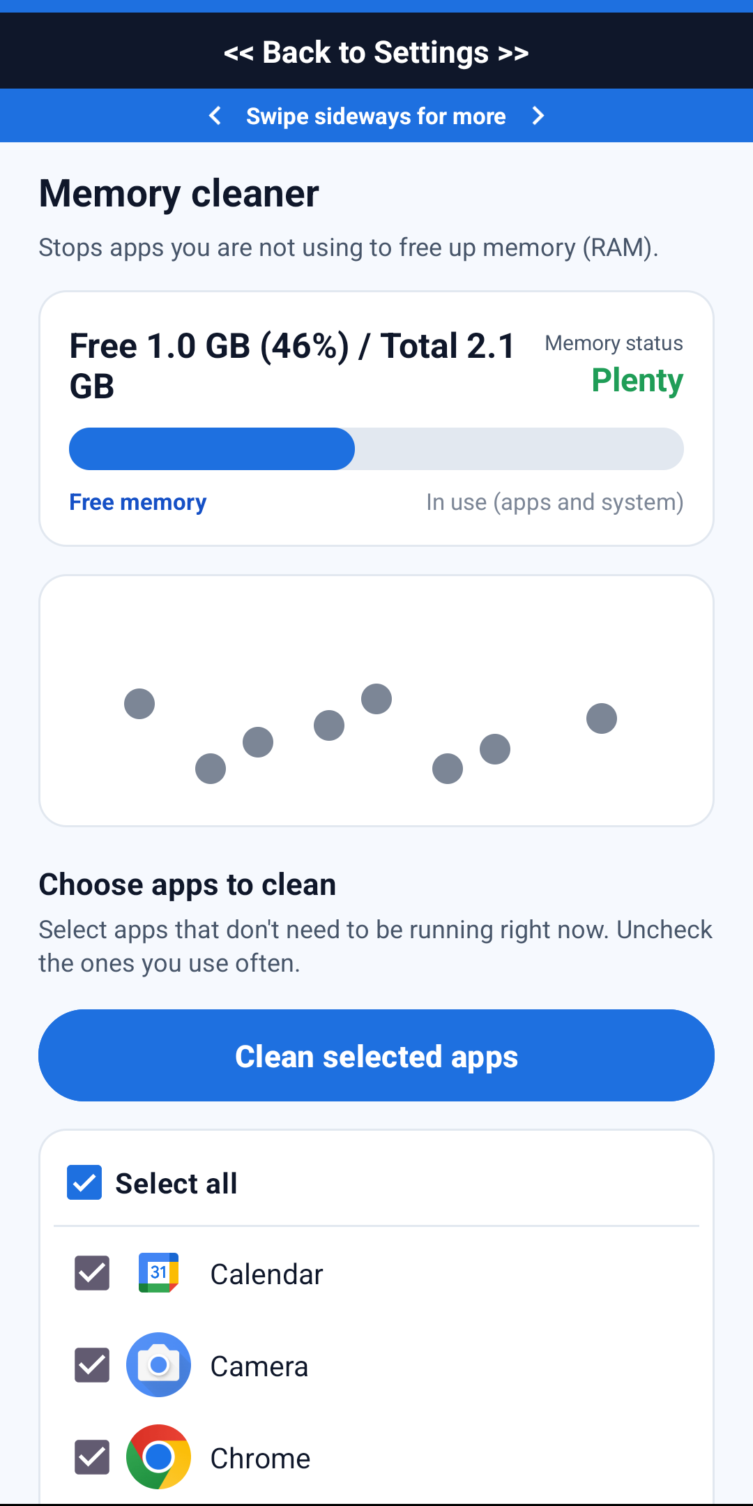 Phone Guardian’s actual memory cleaner screen showing free memory and the All clean message
